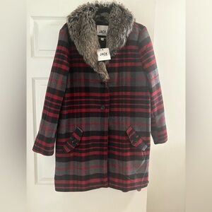 Jack by BB Dakota Plaid Pea Coat with Faux Fur Collar Size L